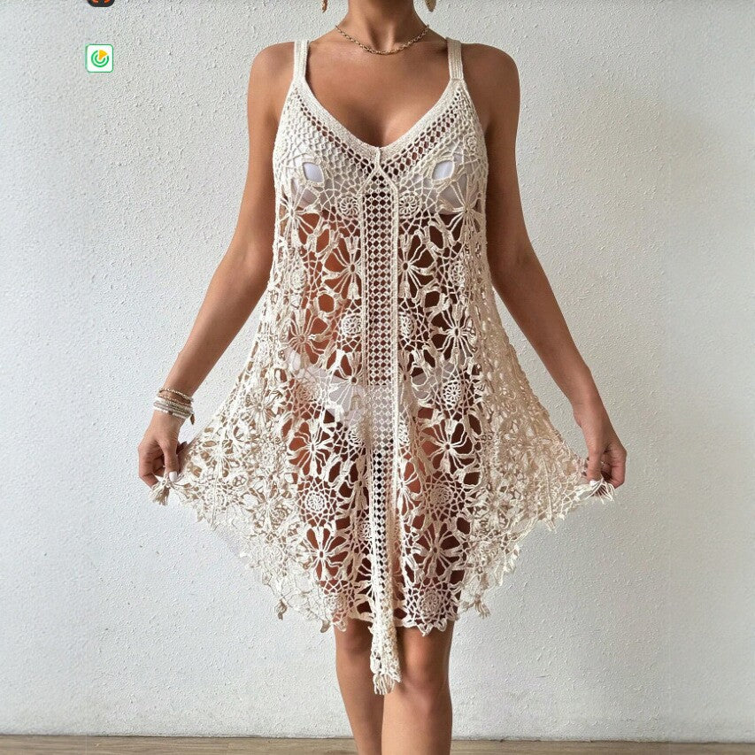 Women's Crochet Hollow-Out Beach Cover-Up Dress White – AdriaPulse
