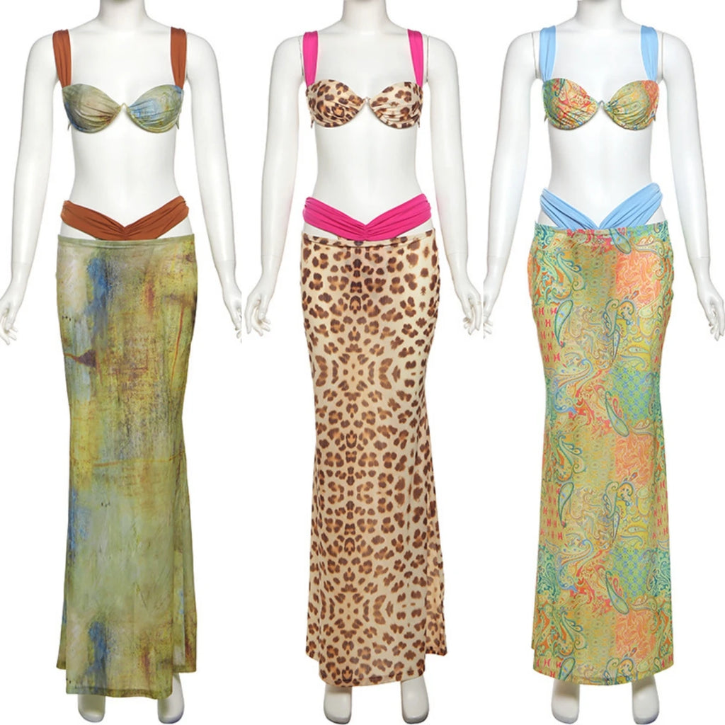 Women's Printed Bra Bikini & Maxi Skirt 3-Piece Set – Sexy Summer Streetwear