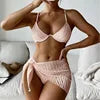 Women's Bandage Halter Bikini Set – Micro Ribbed 3-Piece High Waist Swimsuit with Mesh Skirt