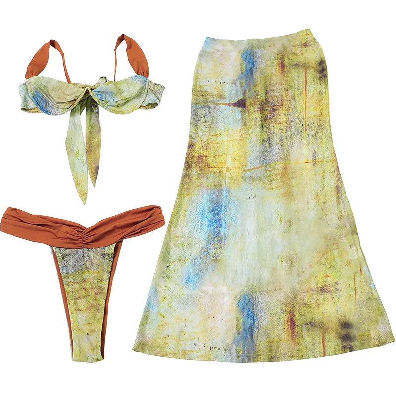 Women's Printed Bra Bikini & Maxi Skirt 3-Piece Set – Sexy Summer Streetwear