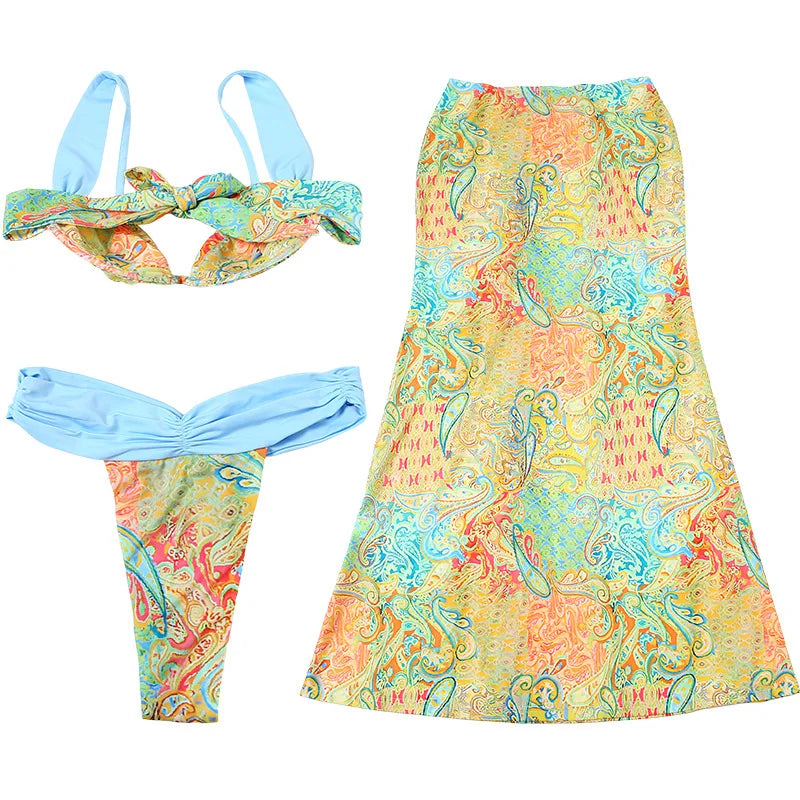 Women's Printed Bra Bikini & Maxi Skirt 3-Piece Set – Sexy Summer Streetwear
