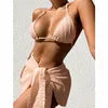 Women's Bandage Halter Bikini Set – Micro Ribbed 3-Piece High Waist Swimsuit with Mesh Skirt