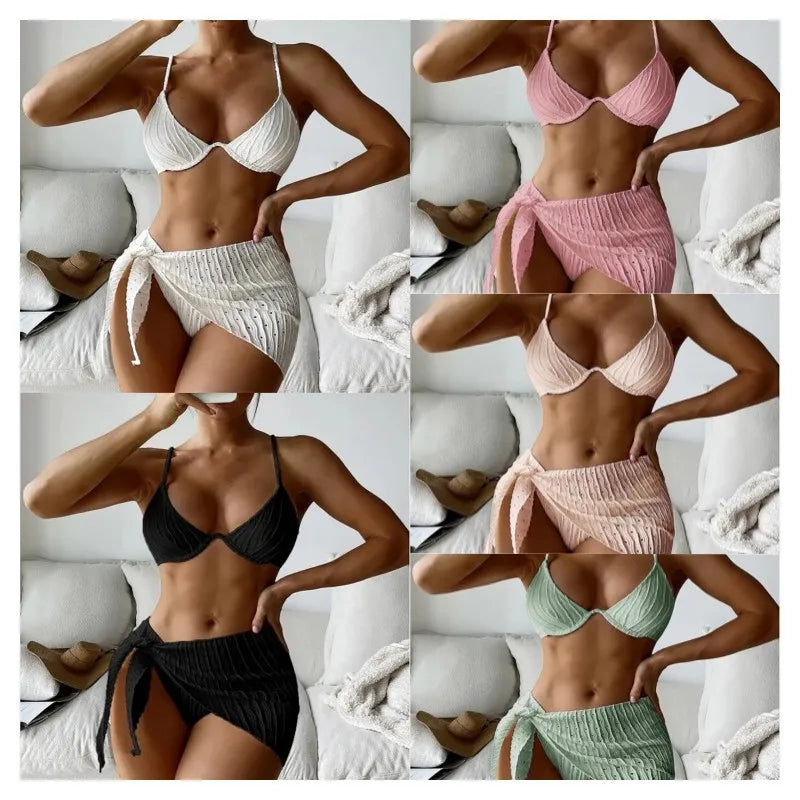 Women's Bandage Halter Bikini Set – Micro Ribbed 3-Piece High Waist Swimsuit with Mesh Skirt