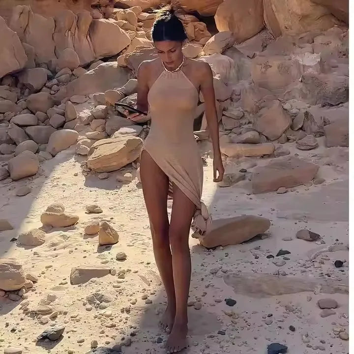 Robe de plage longue à dos nu en tricot – Maillot de bain maxi pour femme Tailles S–L