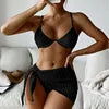 Women's Bandage Halter Bikini Set – Micro Ribbed 3-Piece High Waist Swimsuit with Mesh Skirt