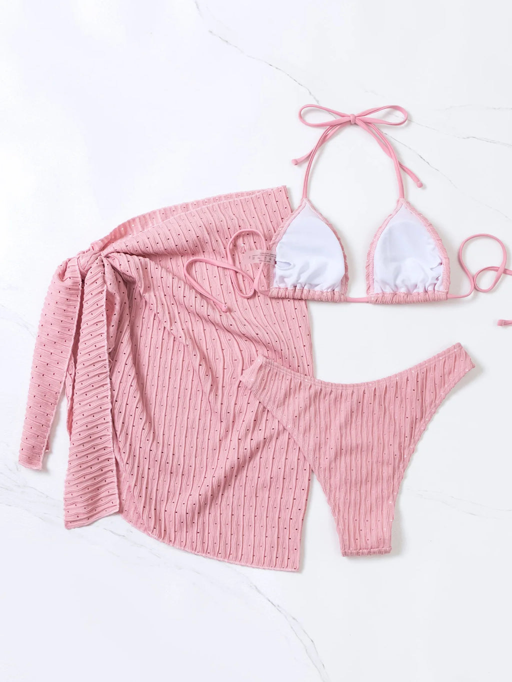 Verband-Neckholder-Bikini, gerippter Micro-Bikini, 3-teiliges Set, 2023, High-Waist-Badeanzug mit Strand-3-teiligem Mesh-Rock