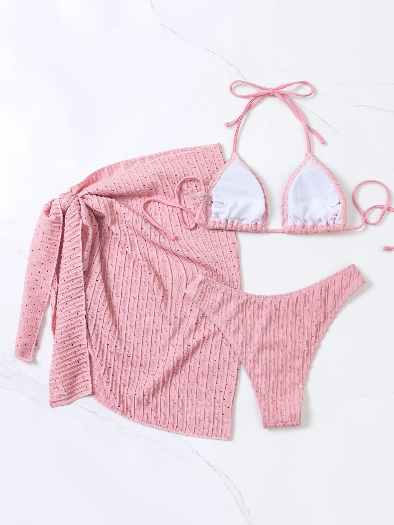Verband-Neckholder-Bikini, gerippter Micro-Bikini, 3-teiliges Set, 2023, High-Waist-Badeanzug mit Strand-3-teiligem Mesh-Rock