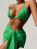 Women's Bandage Halter Bikini Set – Micro Ribbed 3-Piece High Waist Swimsuit with Mesh Skirt