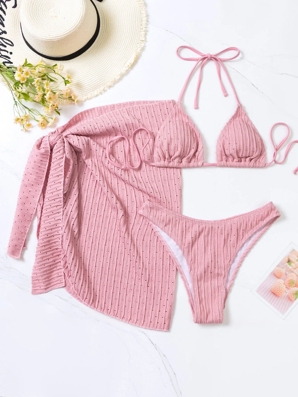 Verband-Neckholder-Bikini, gerippter Micro-Bikini, 3-teiliges Set, 2023, High-Waist-Badeanzug mit Strand-3-teiligem Mesh-Rock