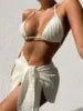 Women's Bandage Halter Bikini Set – Micro Ribbed 3-Piece High Waist Swimsuit with Mesh Skirt