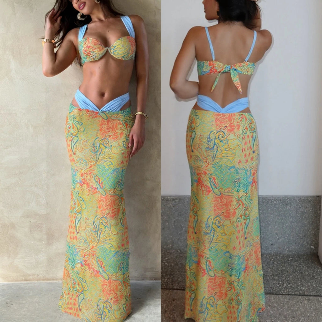 Printed Bikini & Maxi Skirt 3-Piece Set – Women's Swimwear