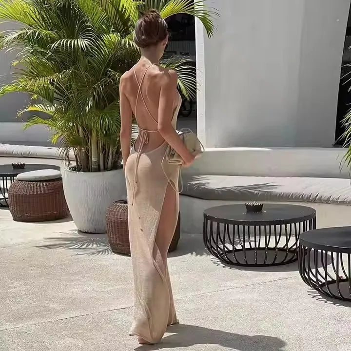 Robe de plage longue à dos nu en tricot – Maillot de bain maxi pour femme Tailles S–L