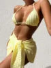 Women's Bandage Halter Bikini Set – Micro Ribbed 3-Piece High Waist Swimsuit with Mesh Skirt