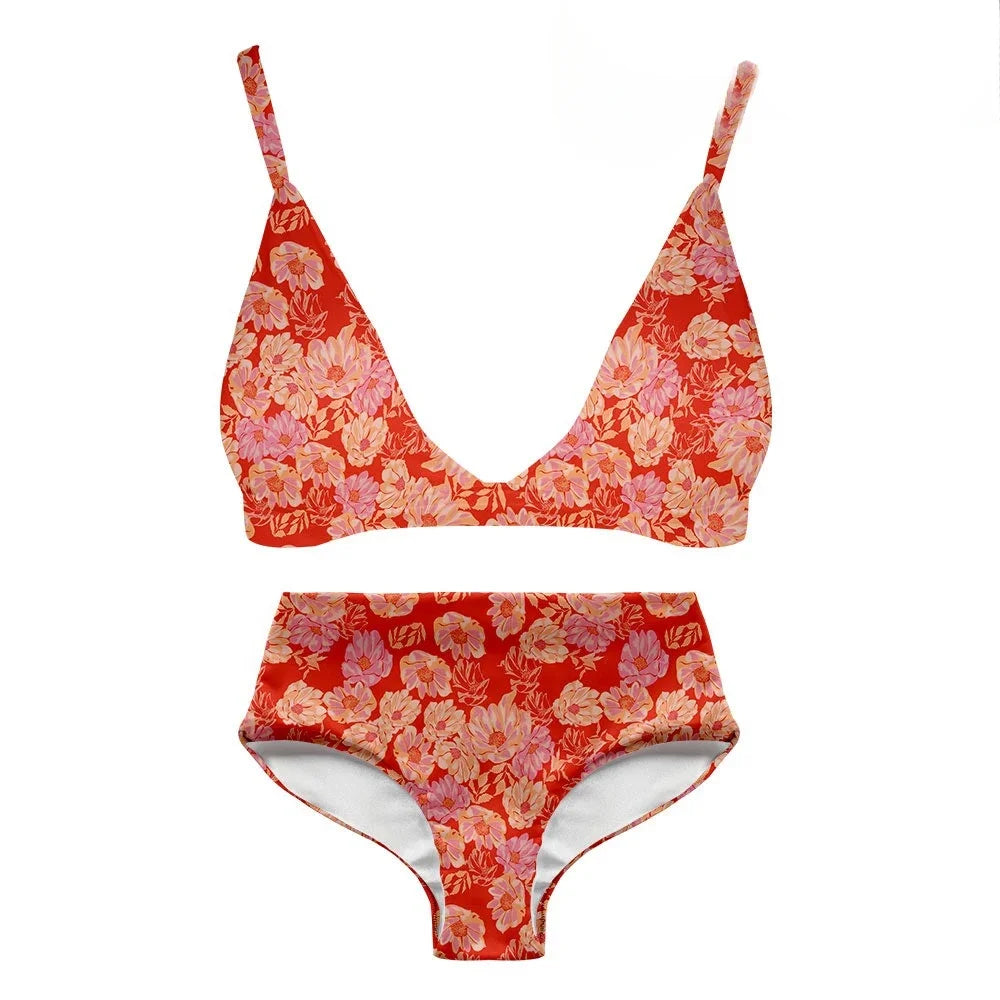 Women Sexy Bikini Swimsuit High Waist Florals Printed Casual Multicolor Backless Swimwear Swimming Suit Sportswear Clothing