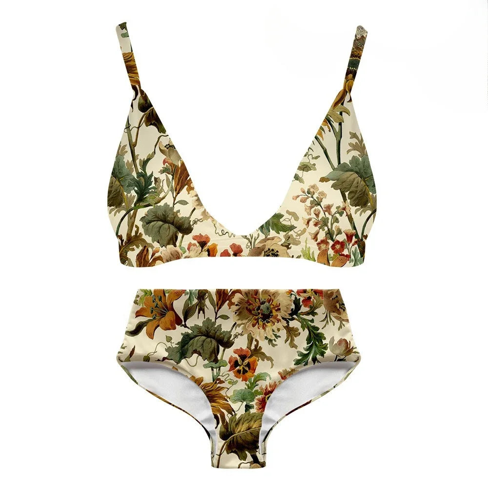 Women Sexy Bikini Swimsuit High Waist Florals Printed Casual Multicolor Backless Swimwear Swimming Suit Sportswear Clothing