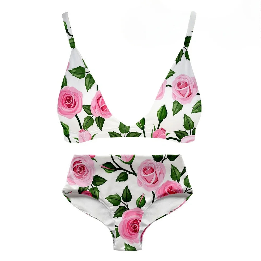 Women Sexy Bikini Swimsuit High Waist Florals Printed Casual Multicolor Backless Swimwear Swimming Suit Sportswear Clothing