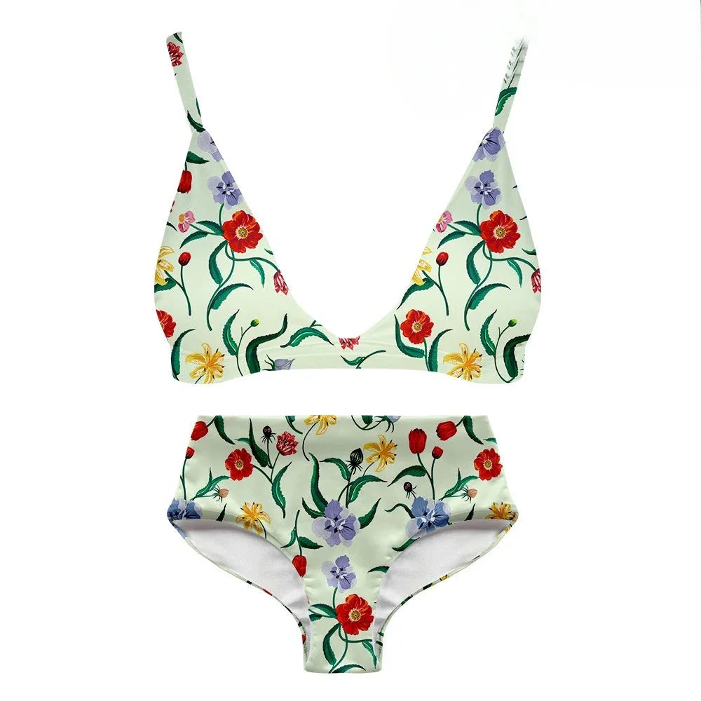 Women Sexy Bikini Swimsuit High Waist Florals Printed Casual Multicolor Backless Swimwear Swimming Suit Sportswear Clothing
