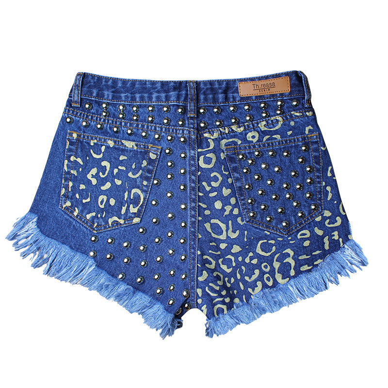 Women's Ripped Loose High Waist Rivet Denim Shorts – Wide Leg Dark Blue | S–3XL