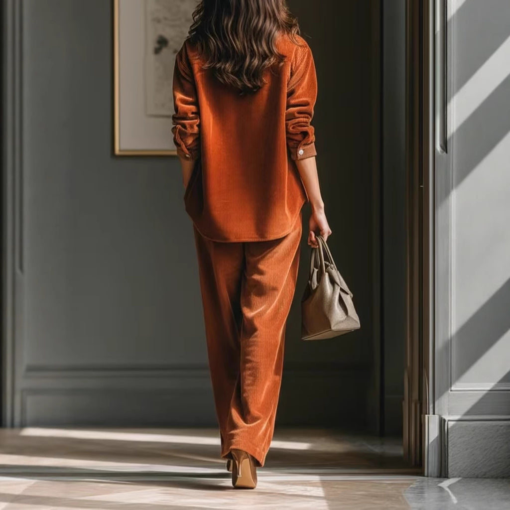 Retro Casual Caramel Corduroy Shirt & Wide-Leg Pants Set