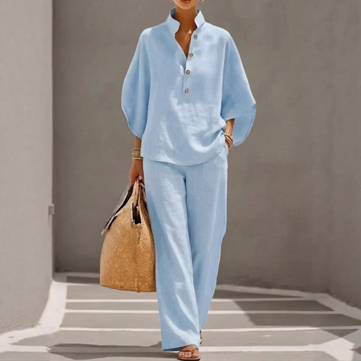 Women's Short Sleeve Top Straight-Leg Trousers Two-Piece Suit Casual Linen-Look Co-Ord Set – AdriaPulse
