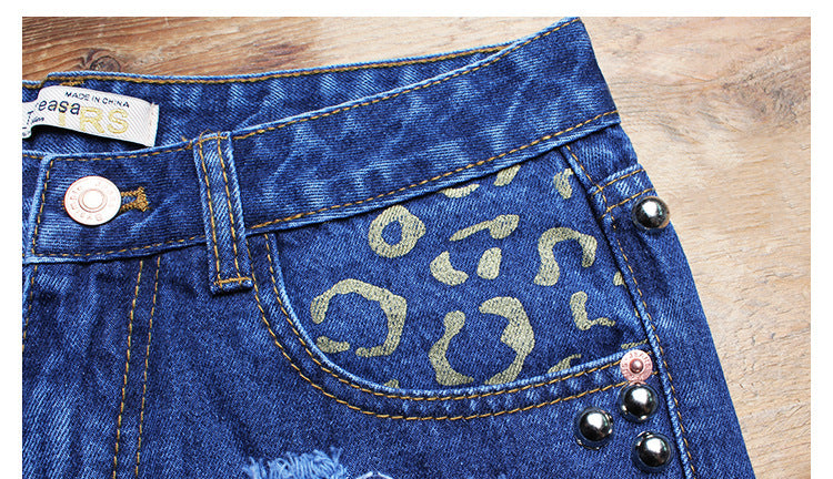 Women's Ripped Loose High Waist Rivet Denim Shorts – Wide Leg Dark Blue | S–3XL