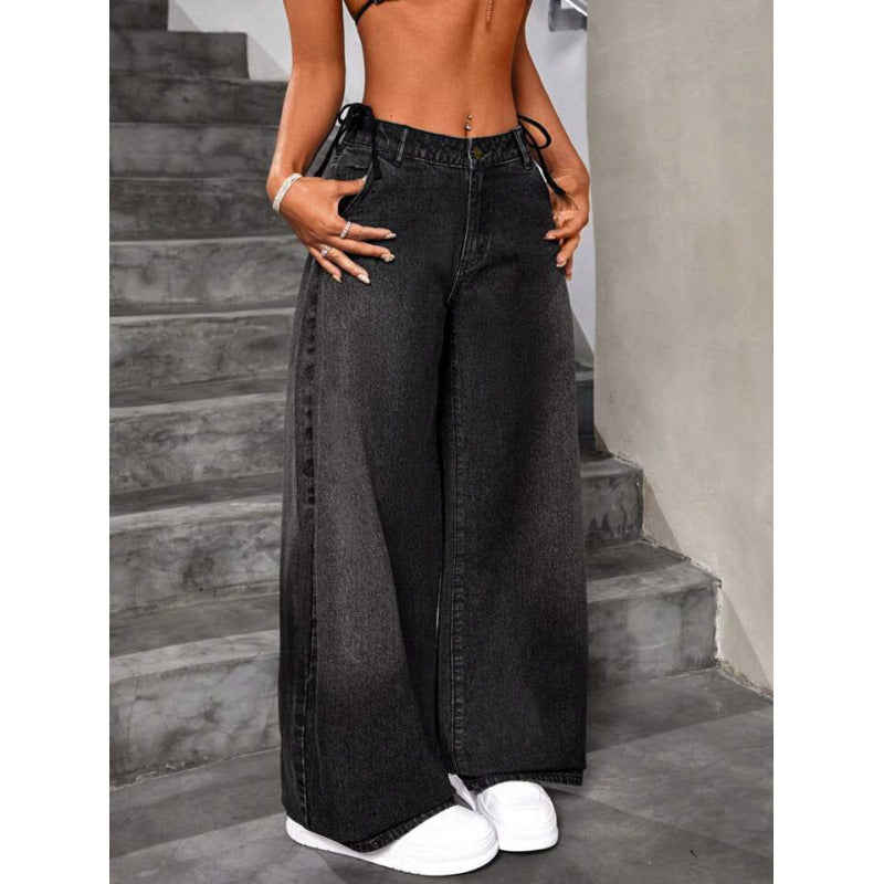 Damen Retro Capri-Jeans mit weitem Bein – Hoher Bund Locker geschnittener schwarzer Denim
