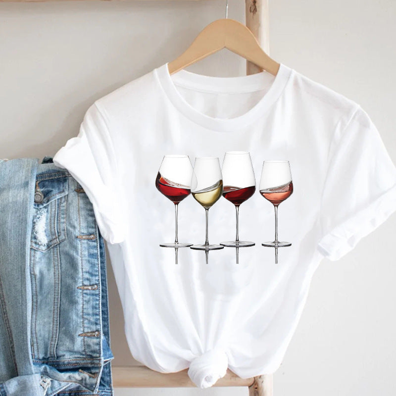 Women's Printed Short Sleeve Casual Top – Soft Milk Silk Tee in Blue & White