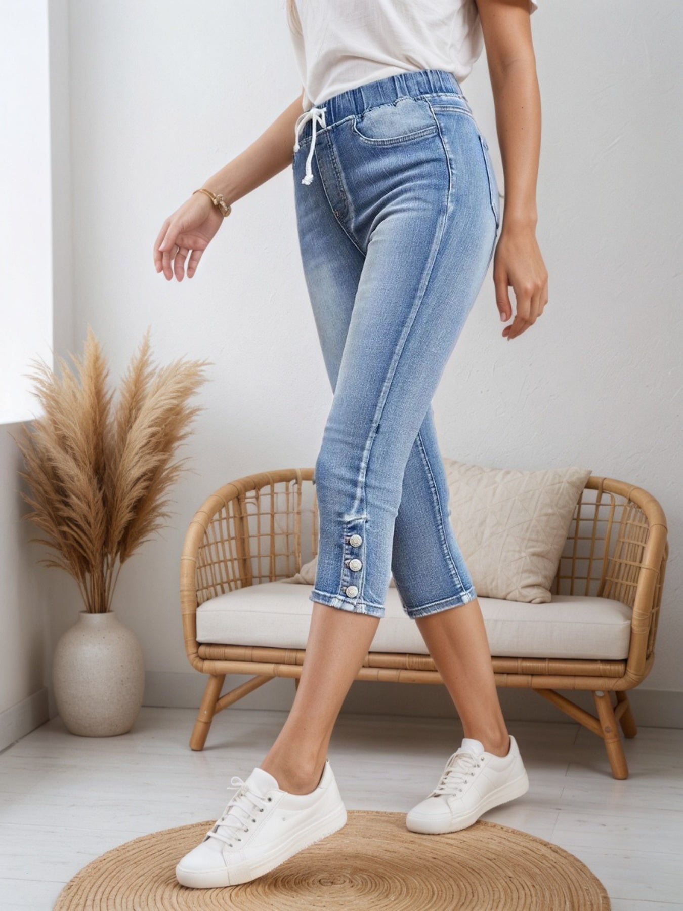 Women's Chic Drawstring Denim Shorts with Split Button Hem in Blue – AdriaPulse