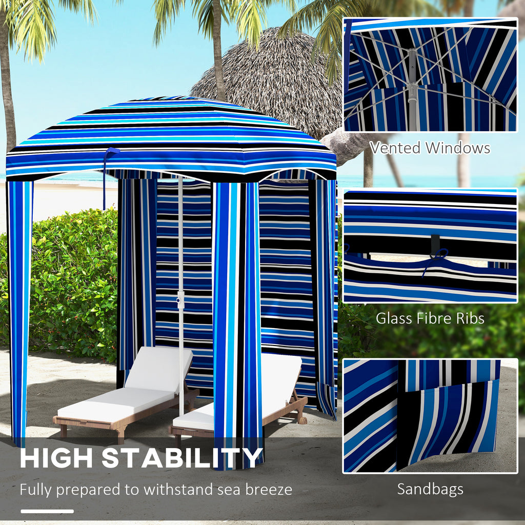 5.8' x 5.8' Cabana Umbrella with Walls, Vents, Ruffles, Carry Bag, Beach Umbrella, Blue Stripe