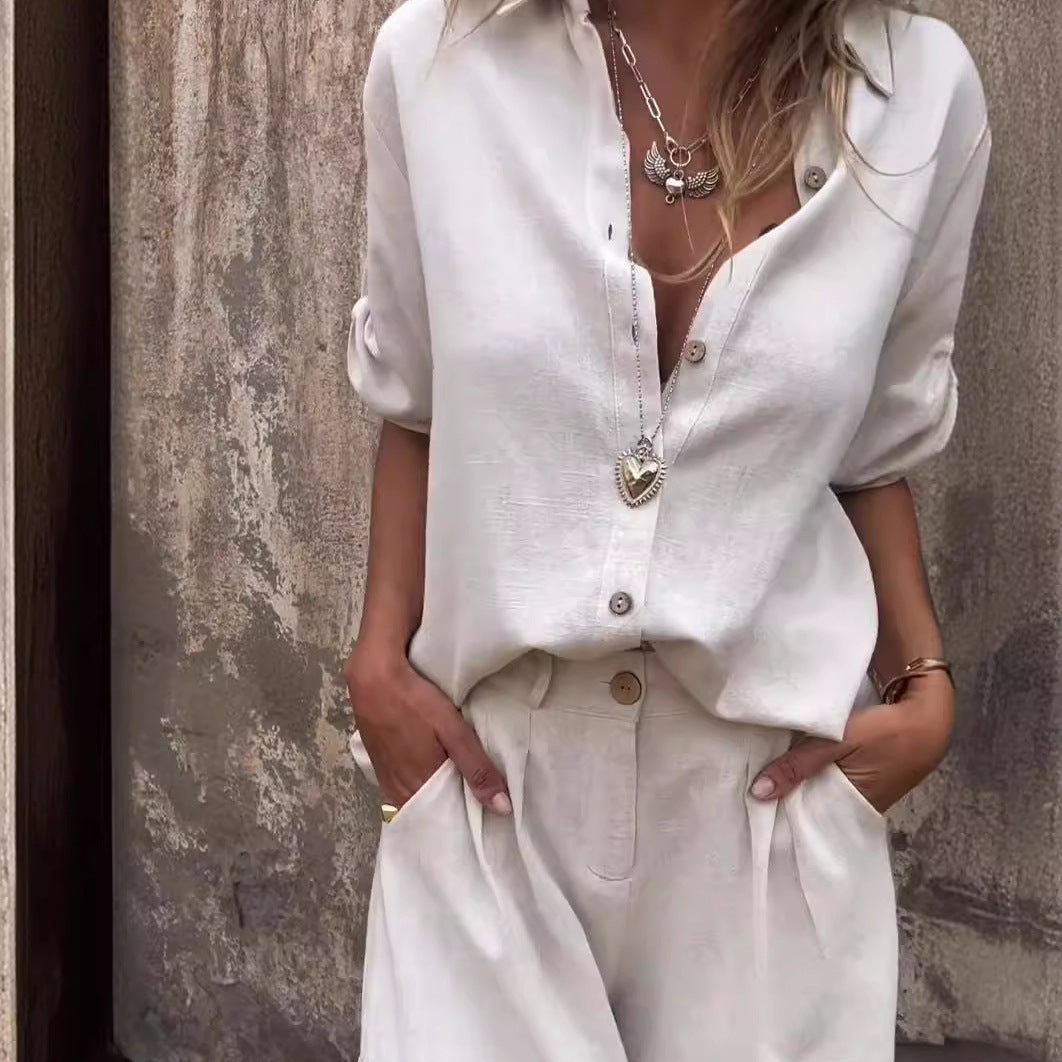 Women's Linen Short Sleeve Shirt & Shorts Two-Piece Suit – AdriaPulse