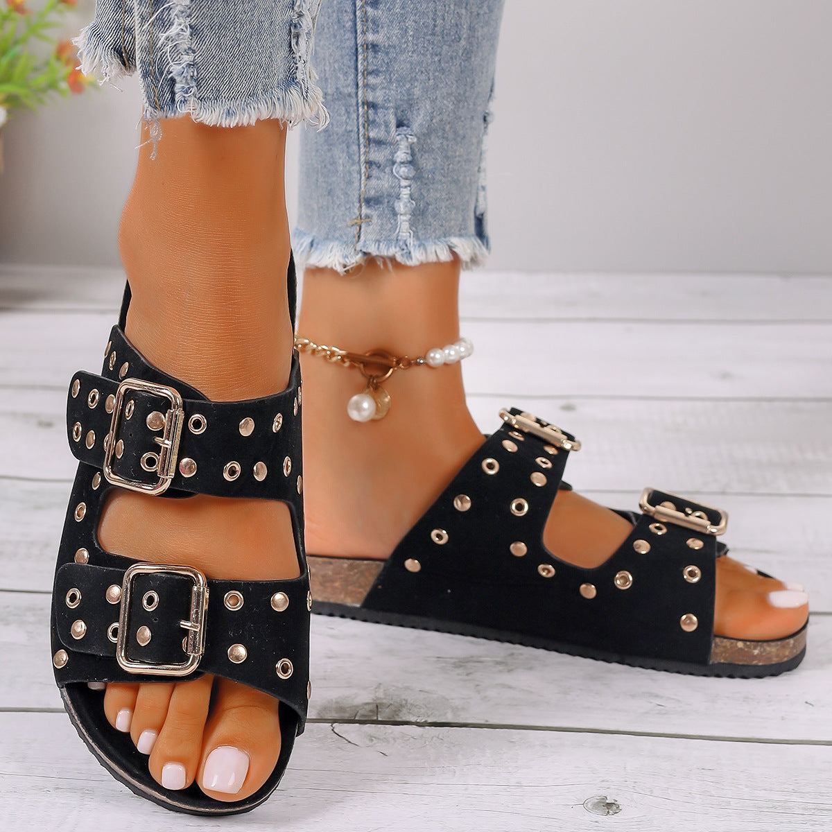 Women's Buckle Strap Thick-Sole Sandals PU – Black | AdriaPulse