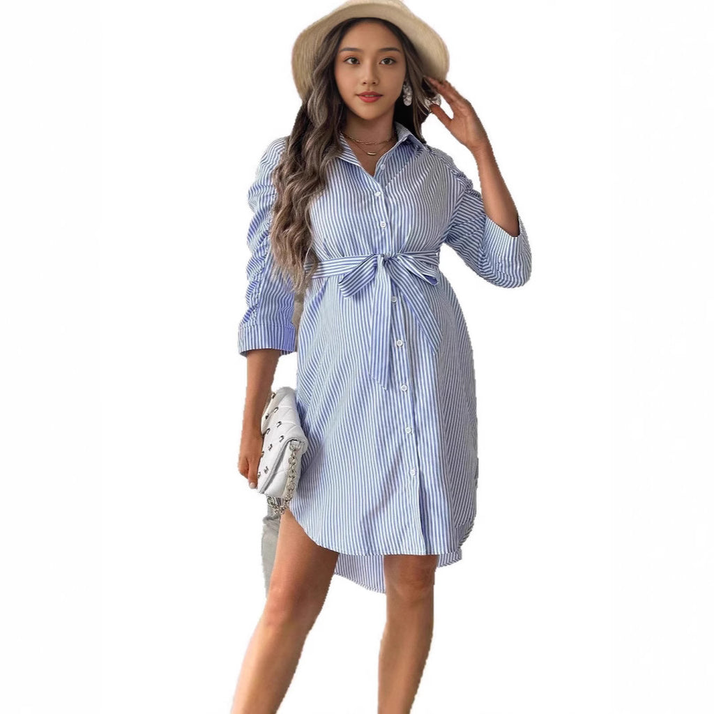 Women's Striped Maternity Dress – Lapel Button Asymmetric Midi Dress for Pregnancy