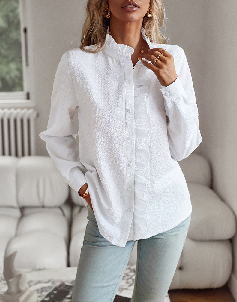 Gestreiftes Langarmshirt, modisches Rüschendesign, geknöpfte Oberteile, lässige Bürobluse, elegante Damenkleidung für Pendler