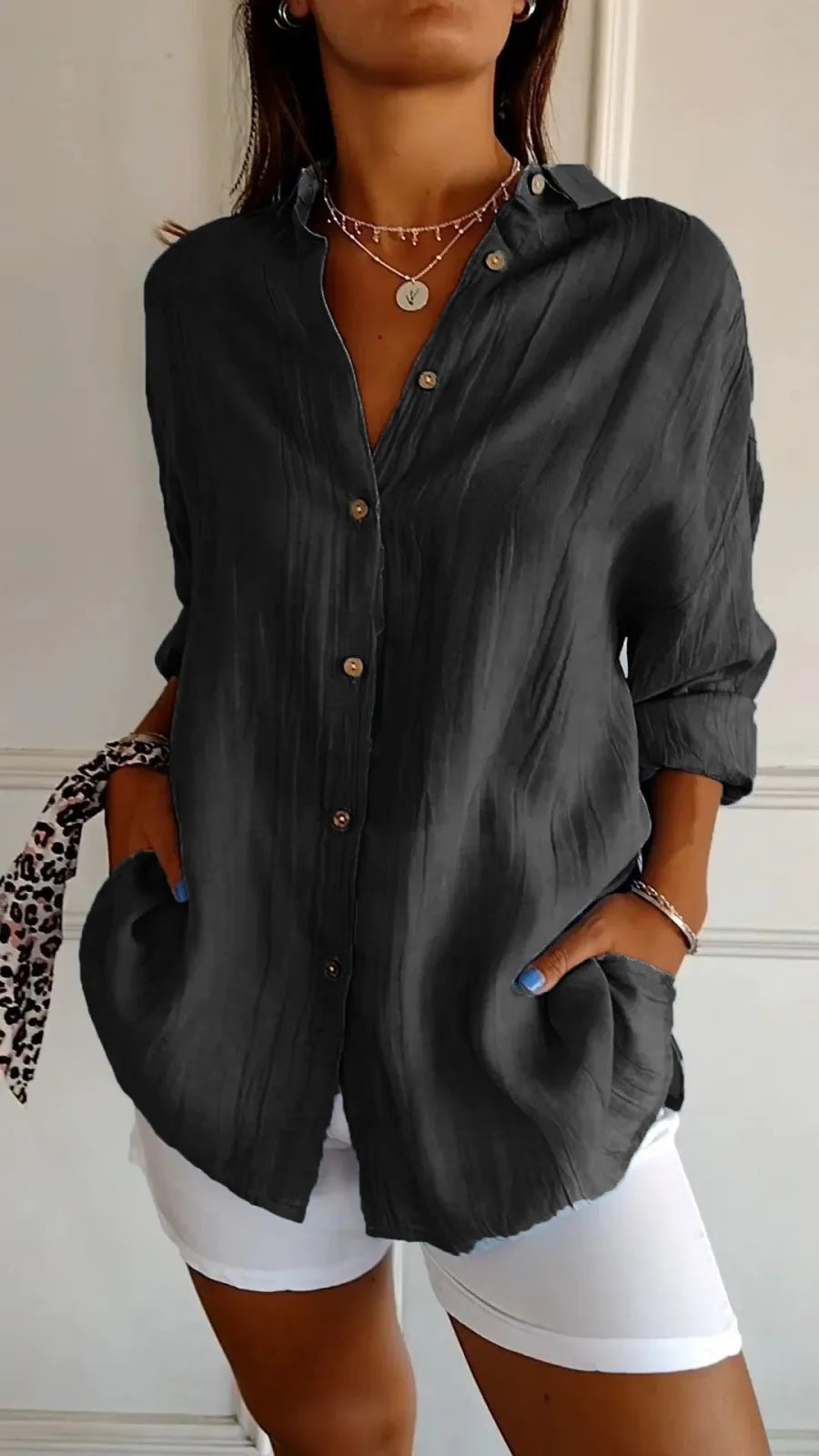 Lapel Long Sleeve Pleated Shirt Women Loose Single-Breasted Top AdriaPulse
