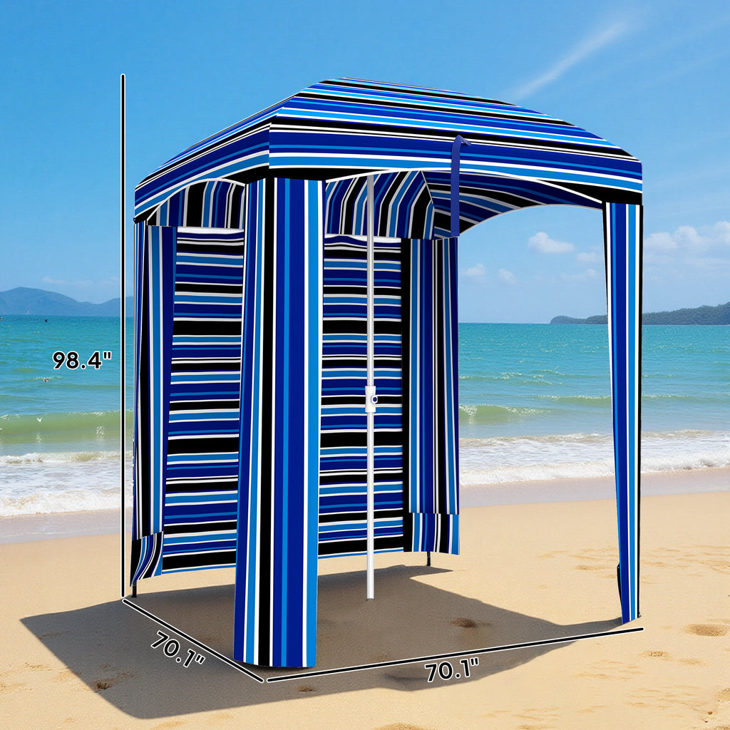 5.8' x 5.8' Cabana Umbrella with Walls, Vents, Ruffles, Carry Bag, Beach Umbrella, Blue Stripe