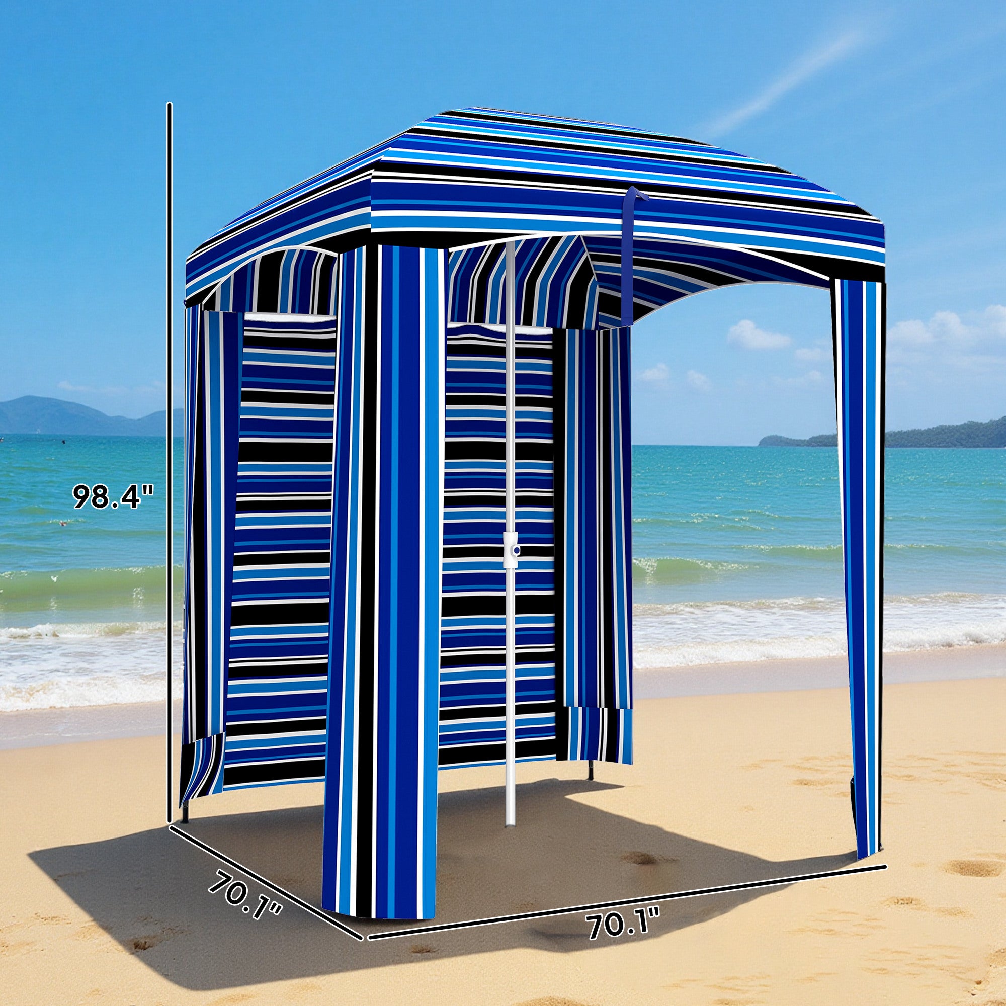 5.8' x 5.8' Cabana Umbrella with Walls, Vents, Ruffles, Carry Bag, Beach Umbrella, Blue Stripe