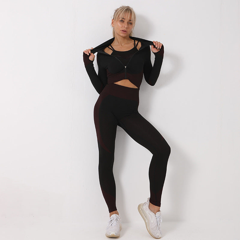 3-Piece Seamless Yoga Set | Leggings, Crop Top & Sports Bra – Women's Gym Tracksuit