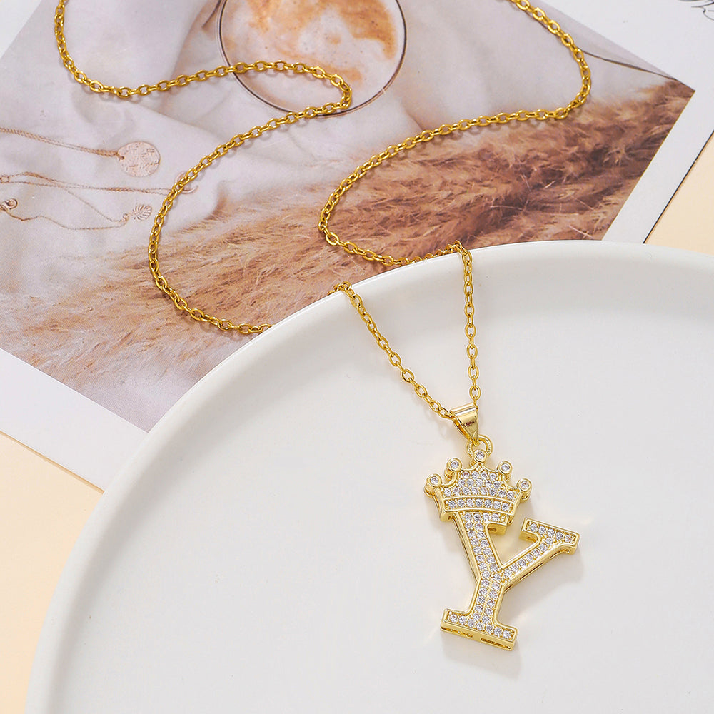 Gold Crown Initial Letter Pendant Necklace – Zircon A–Z Alphabet Jewelry