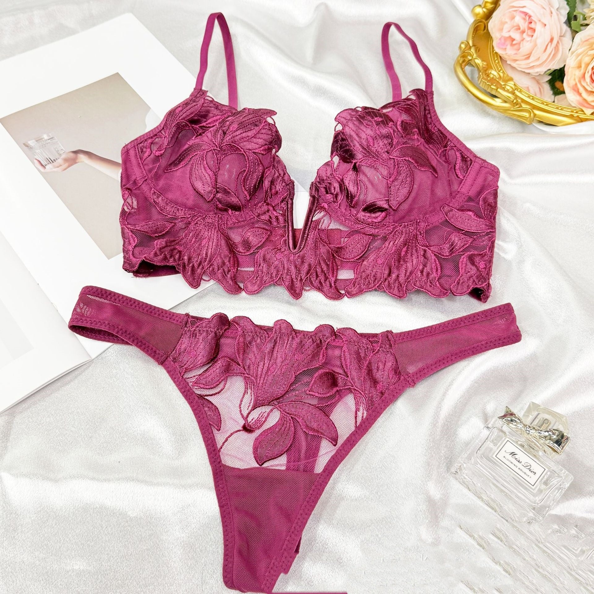 Deep V-Neck Embroidery Lace Sleepwear Set – 9 Colors XS–2XL