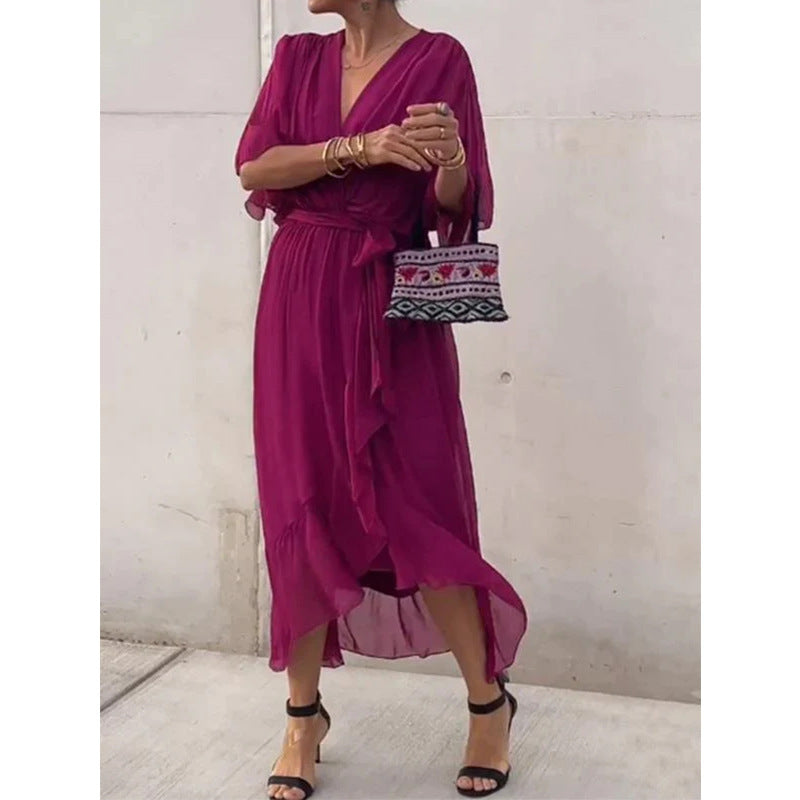 Batwing Sleeve V-Neck Midi Dress Flowy Tied Fairy Dress Women AdriaPulse
