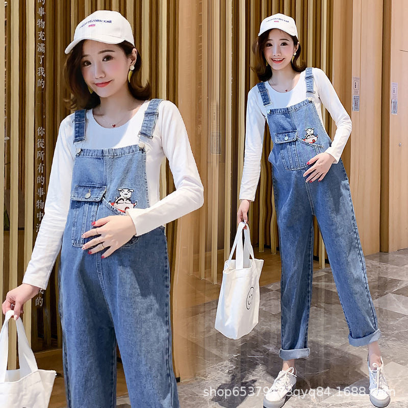 Maternity Denim Overalls – Loose Belly-Support Suspender Pants for Pregnancy