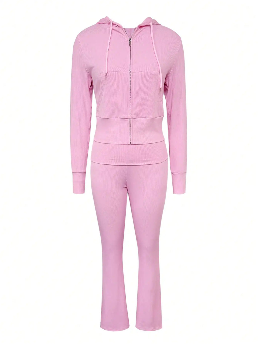 Pinkfarbener Damen 2-teiliger Kapuzen-Crop-Top & ausgestellte Hose Set, lässiges Sport-Outfit für den Herbst