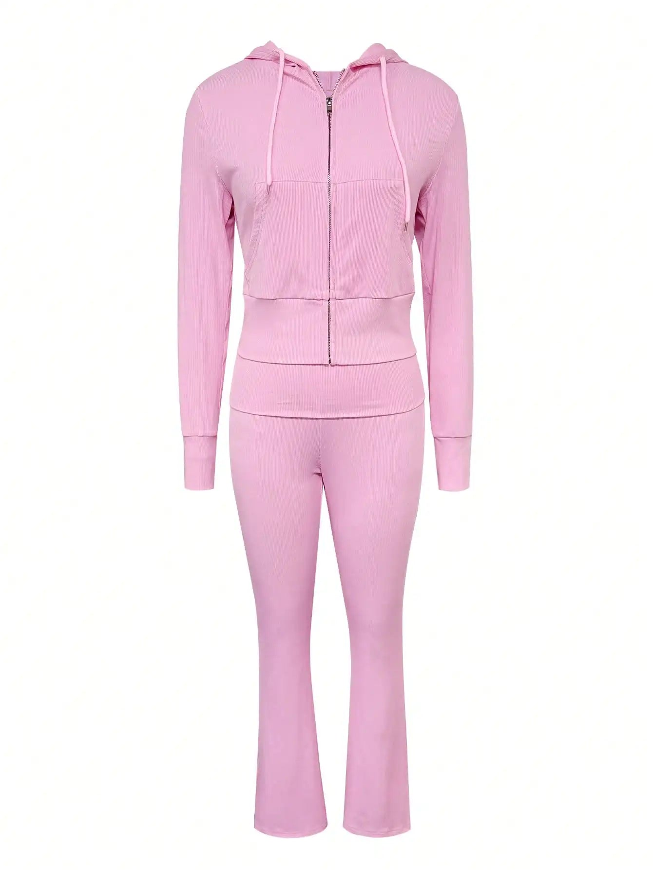 Pinkfarbener Damen 2-teiliger Kapuzen-Crop-Top & ausgestellte Hose Set, lässiges Sport-Outfit für den Herbst