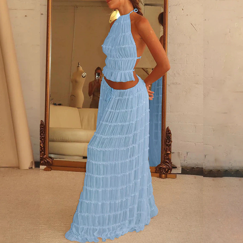 Women's Halter Crop Top Pleated Maxi Skirt Set Sexy Backless 2-Piece Beach Dress Suit – AdriaPulse
