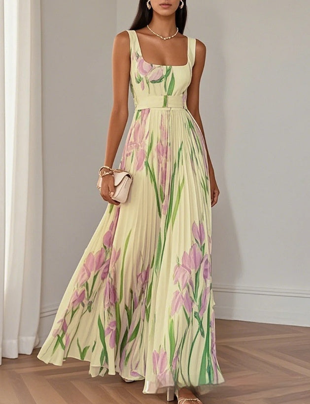 Floral Print Pleated A-Line Midi Dress Sleeveless High Waist Summer Dress AdriaPulse
