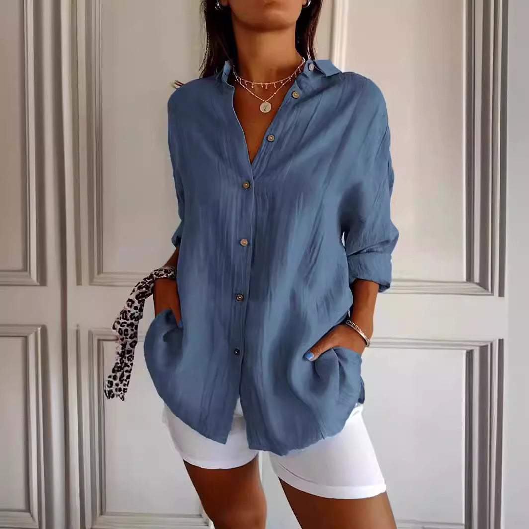 Lapel Long Sleeve Pleated Shirt Women Loose Single-Breasted Top AdriaPulse
