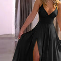 Women's Deep V-Neck Backless Maxi Dress Spaghetti Strap High Slit Black Front View – AdriaPulse