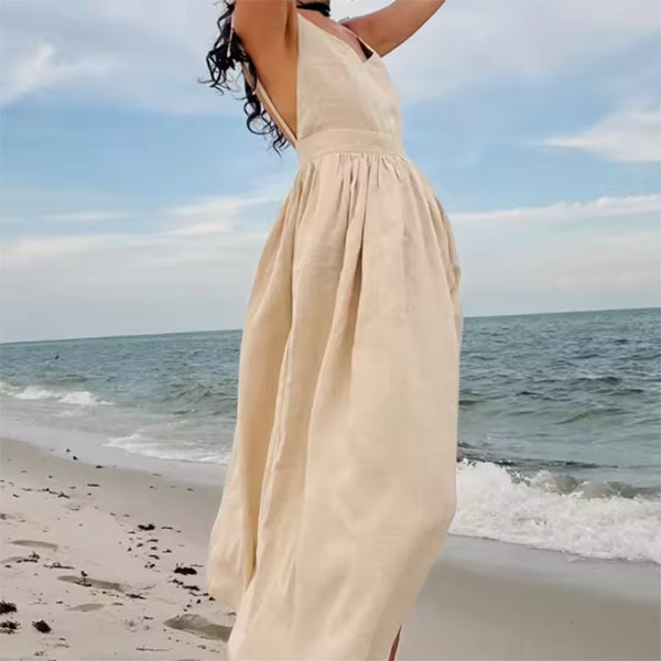 V-Neck Backless Split Maxi Dress – Women's High-Waist Sleeveless Summer Dress