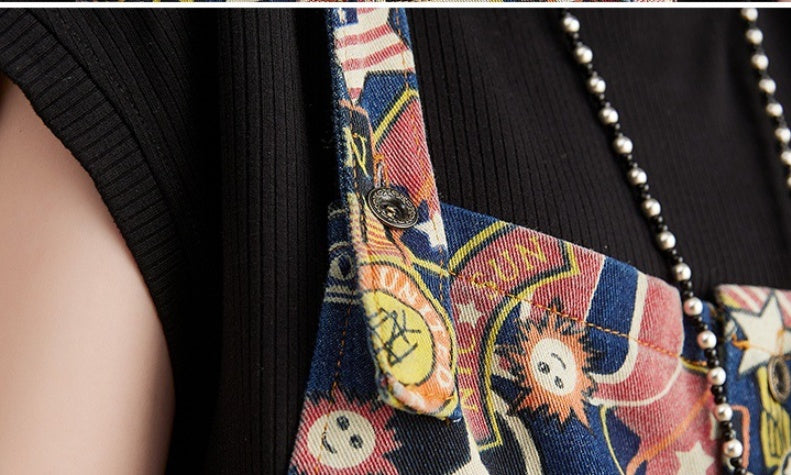 Shorts d'été en jean imprimé à bretelles pour femmes