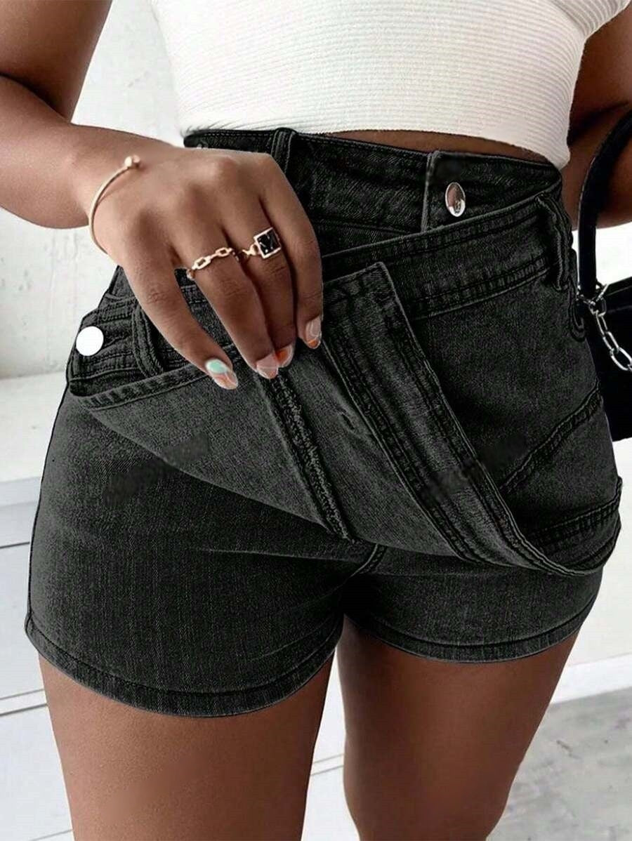 Damen Grunge Denim Skorts – Asymmetrischer Saum A-Linie Wickelrock